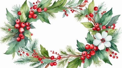 Fototapeta premium Festive Watercolor Winter Wreath with Berries for Seasonal Decor with Copy Space