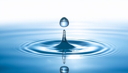 a water drop suspended above the surface of water with ripples on the surface below