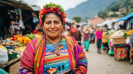 Obraz premium Indigenous Woman in Colorful Clothing at Market