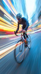 Dynamic cyclist racing through vibrant city streets, capturing motion with speed and energy, perfect for sport and travel themes.