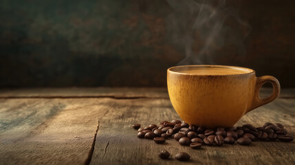 A rustic coffee cup surrounded by scattered coffee beans on an old wooden background