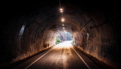 underground subterranean dark arched tunnel road leading to the light