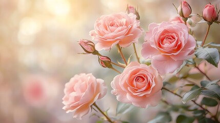 Delicate pink roses arranged on a light beige background, designed in a soft focus to create a dreamy atmosphere with gentle bokeh, evoking a vintage-inspired fine art aesthetic.