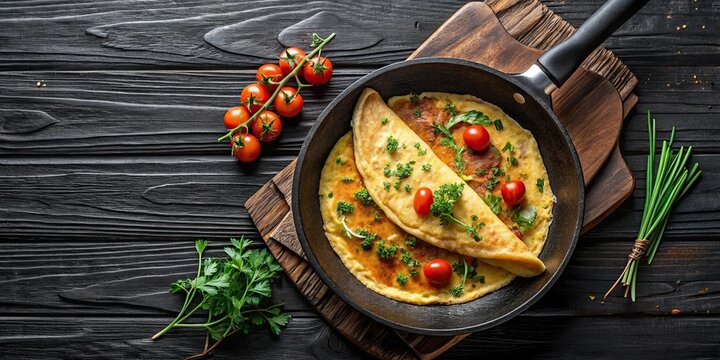 French omelet on cast iron pan on rustic background