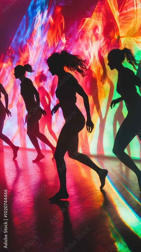 Poster dynamic silhouettes dance against vibrant light patterns, creating an energetic and colorful atmosph