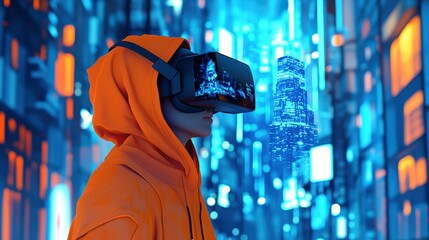 person in virtual reality headset exploring futuristic city