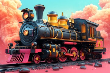 Obraz premium Vintage Train Illustration, Pink Sky Background
