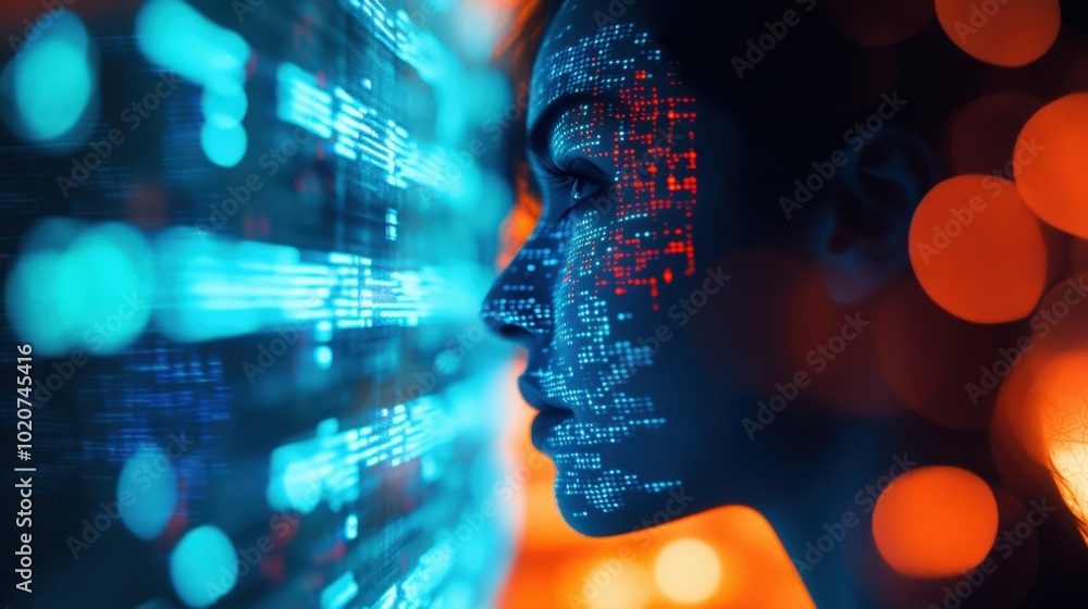 Poster digital face with futuristic data visualization