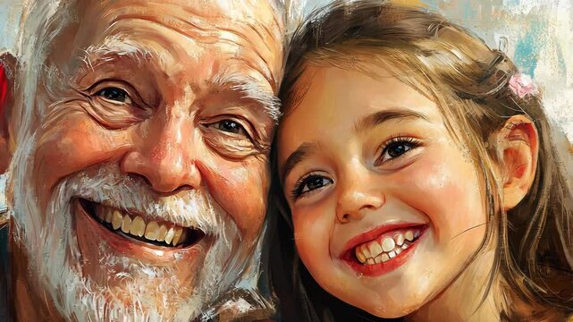 A grandfather and granddaughter smile brightly at the camera, capturing a moment of pure joy and love
