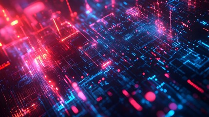 Naklejka premium Futuristic digital network with interconnected glowing data nodes in a neon blue and red color scheme, showcasing floating holographic displays against a dark backdrop for a cyberpunk vibe.