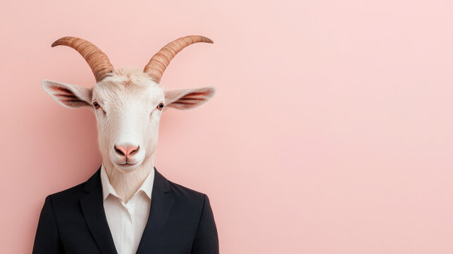 Goat in business suit, surreal concept on pink background - Powered by Adobe