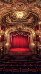 Obraz premium Elegant theater interior with ornate decor, golden accents, and rich red curtains, creating a captivating atmosphere for performances.