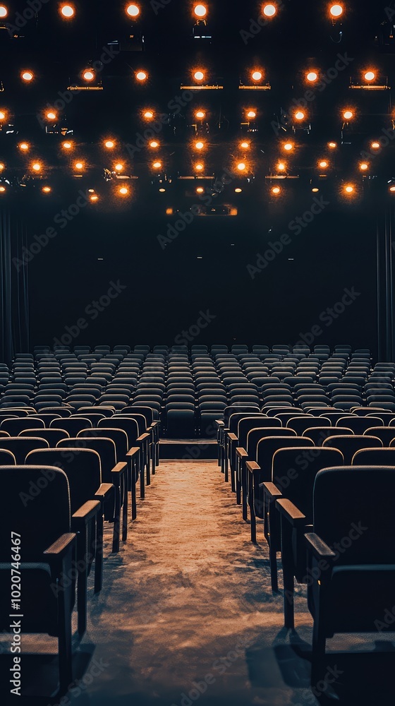 Poster empty auditorium with illuminated ceiling lights, showcasing rows of seats waiting for an audience t