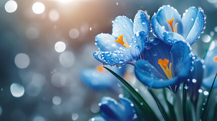 Blue crocuses surrounded by drops of water