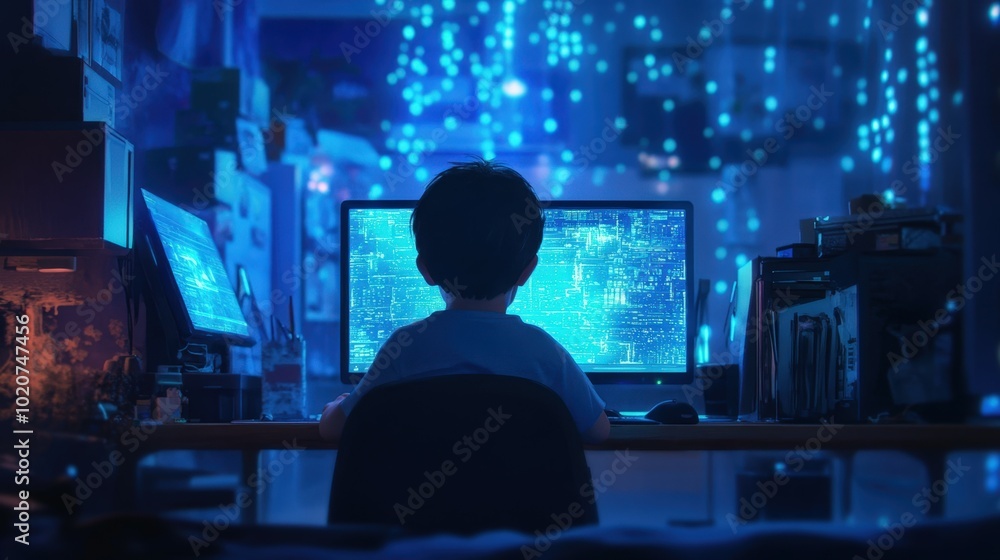 Poster person silhouetted in front of computer screens with digital data