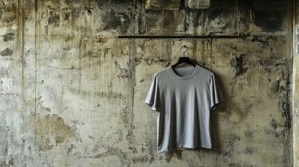 Naklejka premium Minimalist gray t-shirt hanging on weathered wall