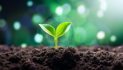 a vibrant green sprout emerging from dark soil symbolizing growth and renewal amidst a digital backdrop