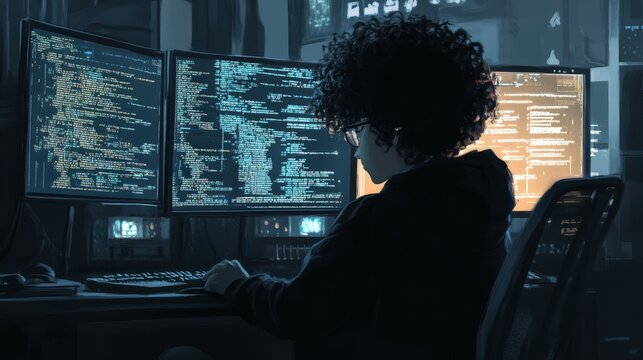 Hacker working on computer code in dark room