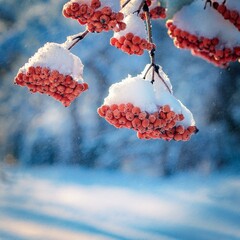 winter natural background with bunches of rowan in the snow