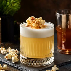 whiskey sour with popcorn garnish in trendy cocktail scene