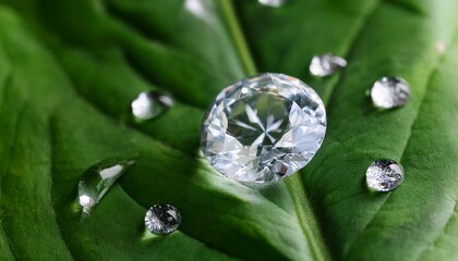 a large clear diamond sits on a green leaf with several small dew drops surrounding it