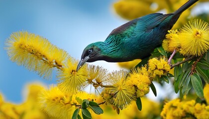 tui bird feeding in kowhai tree with yellow flowers