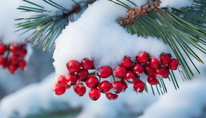 clustered red winter berries on snow dusted pine tree branch