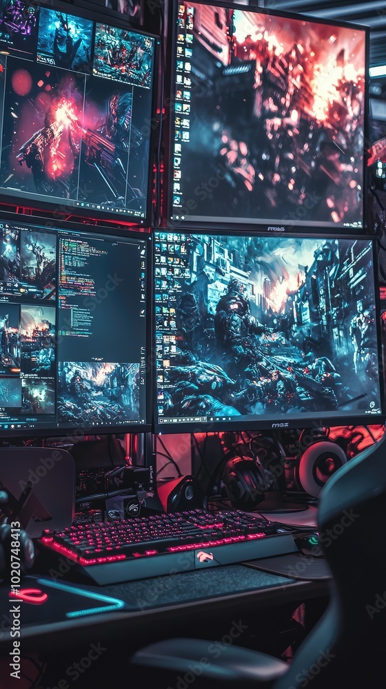 Aufkleber futuristic gaming setup with multiple monitors displaying vibrant graphics and an immersive atmosphe
