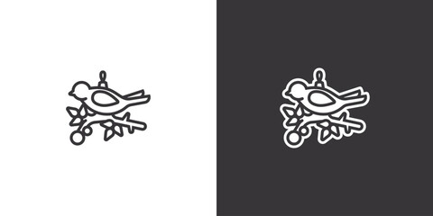 Bird on a branch. New Year's toy on a black and white background. Original vector illustration in vintage style. Hand drawn, not AI