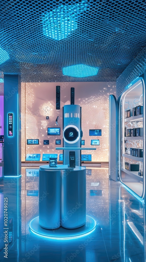 Poster futuristic tech room with interactive displays and a sleek, illuminated design showcasing modern inn