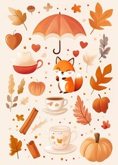 Autumn watercolor cover with fox, pumpkins, umbrella, leaves. Fall concept. Stickers, notepad cover. Drawing for brochure, advertisement, screensaver. Concept of creativity. 