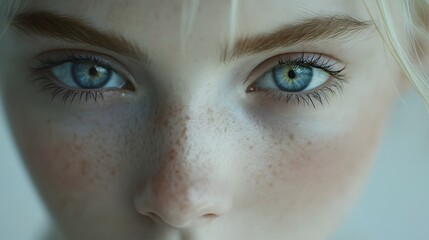 Obraz premium Macro shot capturing pale porcelain skin and piercing blue eyes with delicate eyelashes, enhanced by ethereal lighting and soft focus for a hyper-realistic portrait.