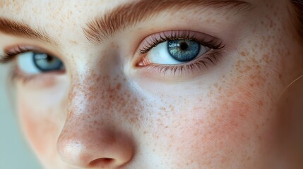 Obraz premium Macro shot capturing pale porcelain skin and piercing blue eyes with delicate eyelashes, enhanced by ethereal lighting and soft focus for a hyper-realistic portrait.