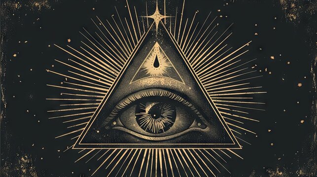All-Seeing Eye, an Illuminati symbol within a triangle surrounded by rays of light, designed as a tattoo and isolated on a black background