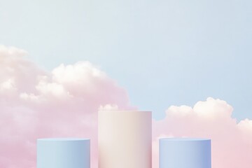 Elegant Pastel Display with Three Cylindrical Pedestals Against Soft Pink Clouds