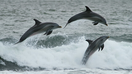 Fototapeta premium A playful group of dolphins jumping out of the ocean waves. Dolphins at play.