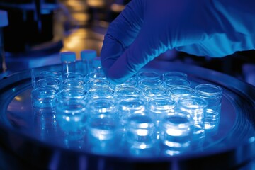 laboratory glassware in blue lighting