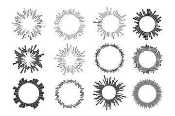 Circular sound waveform. Music equalizer bar set. Vector illustrations isolated on white background.