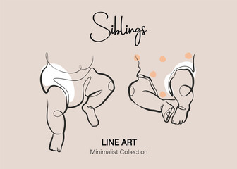 poster for children's room. twins in diapers. hand drawn child. line art. freehand minimalist poster. for a gift for the birth of children.