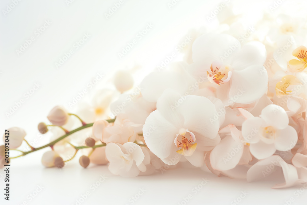 Poster A stunning display of soft, pale orchids rests gracefully, their intricate petals glowing in gentle light, creating a serene and tranquil atmosphere perfect for any setting