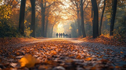 Autumn forest path with people walking
