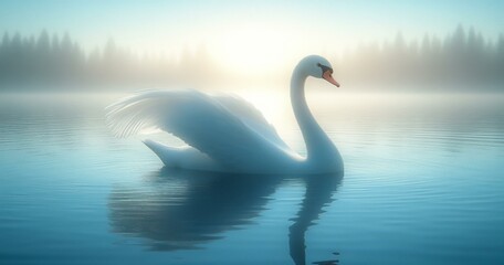 Naklejka premium Swan on Serene Lake, Sunrise or Sunset