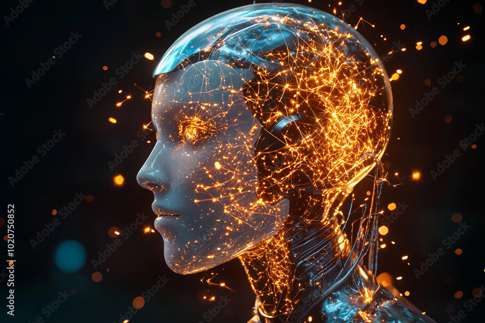 Aufkleber a futuristic humanoid robot with glowing circuitry in a modern setting