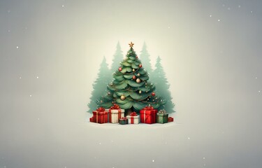 A decorated Christmas tree sits in a snowy forest, surrounded by presents.