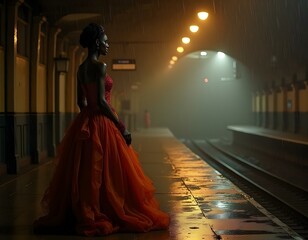 A woman in a stunning red gown stands on a dimly lit train platform in the rain. The wet ground reflects the soft glow of overhead lights, creating a moody and dramatic scene.