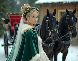 A young woman in a green velvet cloak stands in front of two black horses and a carriage, with snow gently falling. Her serene expression and the elegant winter setting evoke 