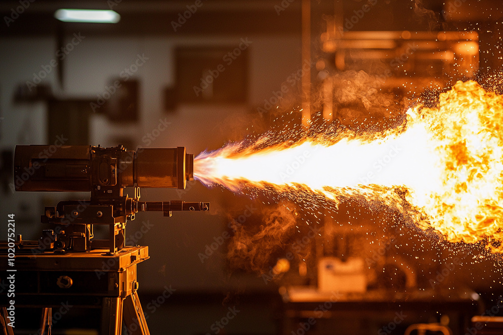 Poster flame thrower in action during a demonstration at a workshop