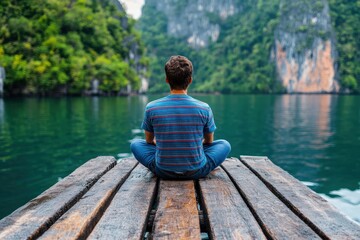Fototapeta premium A man alone, seated cross-legged on a rustic wooden dock, overlooks tranquil waters and surrounding cliffs, portraying solitude, reflection, and serenity in nature.