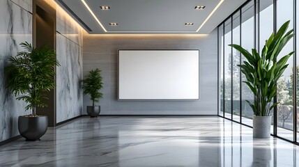 Modern office lobby interior featuring a large movable whiteboard, sleek design elements, and polished marble flooring, enhanced by soft ambient lighting and minimalist aesthetic touches.