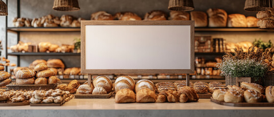 discount grocery signs,  Blank mockup sign positioned near the fresh bakery section of a grocery store, surrounded by delicious bread and pastries, emphasizing a clean and appealing